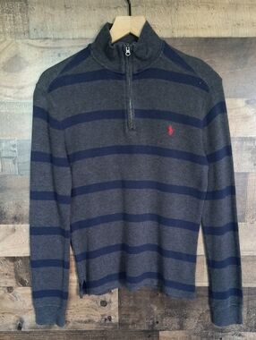 Polo by Ralph Lauren Gray & Navy Striped Quarter Zip Sweater Sz Large 14-16 Boys
